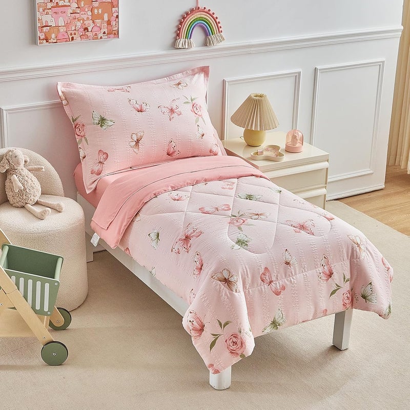 DuShow Pink Butterfly Toddler Bedding Set for Girls,4 Pieces Toddler Bed Set,Seersucker Toddler Comforter Set,Includes Comforter,Flat Sheet,Fitted Sheet and Pillowcase - Image 3